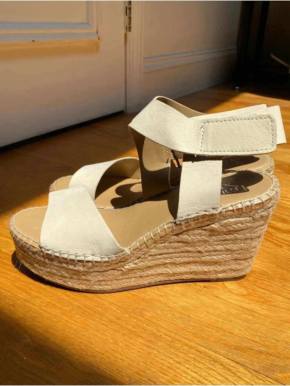 Franco Sarto Cream Bone Leather Ankle Strap Platform Wedges Size 7.5